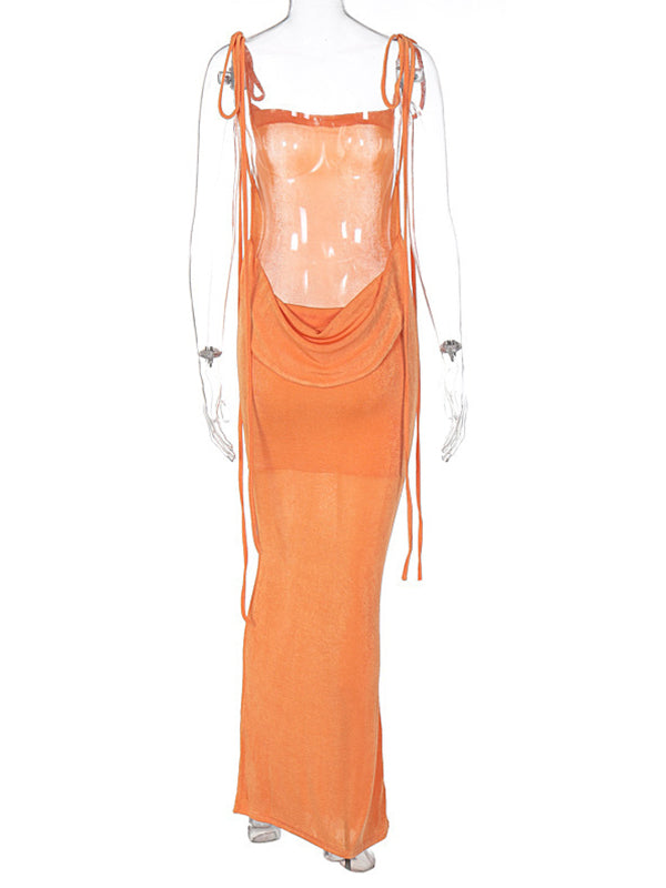 Momnfancy Orange Spaghetti Strap Draped Backless Sleeveless Cocktail Elegant Maternity Maxi Dress