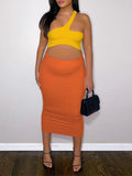 Momnfancy 2-in-1 Oblique Shoulder Irregular Fashion Bodycon Baby Shower Maternity Midi Dress