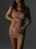 Momnfancy Apricot Sheer Mesh Irregular Crop Ruffle One Shoulder Geometric Lines Two Piece Maternity Club Party Photoshoot Mini Dress
