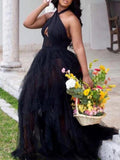 Momnfancy Patchwork Halter Neck Grenadine Tulle Plus Size Prom Party Maternity Maxi Dress