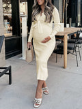 Momnfancy Beige Rib Fabric Knitting Belt Bodycon Baby Shower Maternity Midi Dress