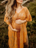 Momnfancy Cut Out Slit Lace Sheer Photoshoot Boho Flowy Crochet Cover-Up Smock Maternity Dress