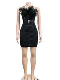 Momnfancy Ruffle Bandeau Off Shoulder Backless Feather Mesh Bodycon Cute Plus Size Baby Shower Maternity Mini Dress