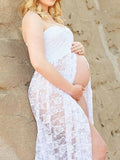 Momnfancy Lace Slit Bandeau Photoshoot Maternity Maxi Dress