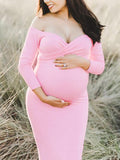 Momnfancy Off Shoulder Fitted V-neck Long Sleeve Baby Shower Maternity Maxi Dress