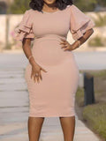 Momnfancy Ruffle Bodycon Plus Size Round Neck Short Sleeve Maternity Midi Dress