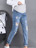 Momnfancy Pockets Distressed Adjust Waist Casual Denim Maternity Long Jeans