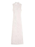 Momnfancy White Patchwork Fishnet Crochet Pleated Photoshoot Pregnancy Maternity Maxi Dress