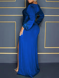 Momnfancy Blue V-Neck Ruched Lantern Sleeve Side Slit Evening Maternity Maxi Dress