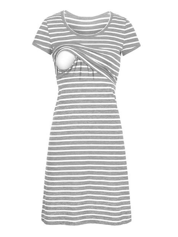 Momnfancy Striped Breast-feeding Nursing Plus Size Maternity Dress