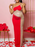 Momnfancy Heart Mermaid Oblique Shoulder Mesh Hot Drilling Evening Maternity Maxi Dress