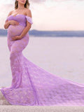 Momnfancy Floral Lace Cut Out Off Shoulder Maternity Maxi Dress