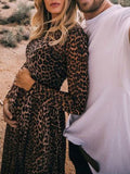 Momnfancy Leopard Print Round Neck Long Sleeve High Waisted Party Maternity Dress