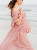 Momnfancy Ruffle Draped Off Shoulder Photoshoot Baby Shower Flowy Maternity Dress