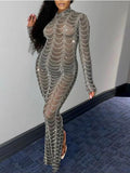 Momnfancy Grey Rhinestone Mesh Bodycon Slit Photoshoot Bodycon Evening Plus Size Maternity Maxi Dress