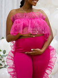 Momnfancy Pink Tulle Bandeau 2-in-1 Crop Ruffle Cute Bodycon Plus Size Baby Shower Maternity Jumpsuit