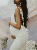 Momnfancy White Bodycon Backless Draped Spaghetti Strap Lace Up Photoshoot Party Maternity Maxi Dress