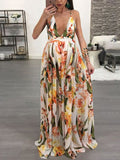 Momnfancy Flowers Backless Evening Party V-neck Sweet Maternity Maxi Dress