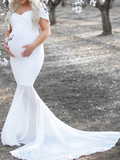 Momnfancy Solid Ruffle Fishtail V-neck Maternity Photoshoot Dress