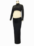 Momnfancy Solid Color Ruffle High Neck Crop Top 2-in-1 Long Sleeve Bodycon Club Party Photoshoot Maternity Maxi Dress