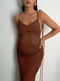 Momnfancy Brown Backless Spaghetti Strap Bodycon Fashion Photoshoot Maternity Maxi Dress