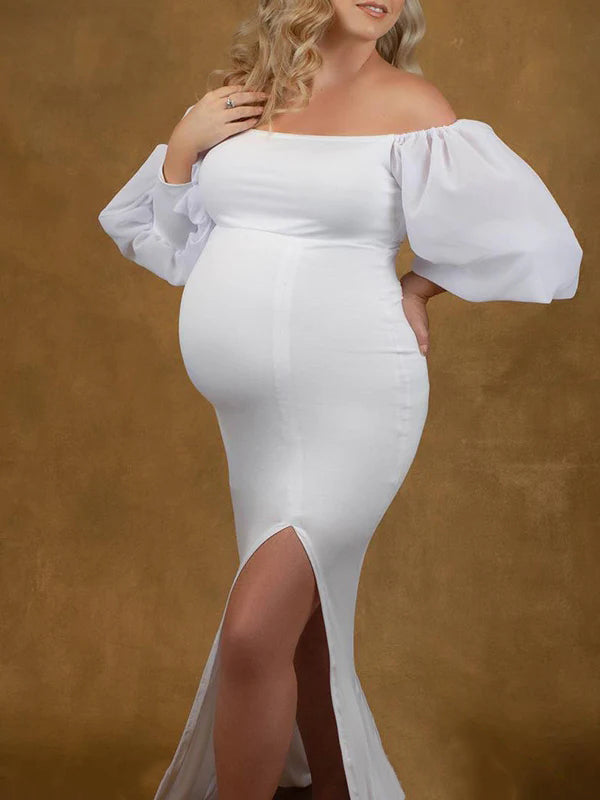 Momnfancy Off Shoulder Solid Color Side Slit Bodycon Plus Size Photoshoot Maternity Baby Shower Maxi Dress
