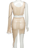 Momnfancy Apricot Sheer Mesh Irregular Crop Ruffle One Shoulder Geometric Lines Two Piece Maternity Club Party Photoshoot Mini Dress