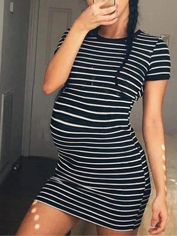 Momnfancy Striped Bodycon Round Neck Short Sleeve Maternity Cute Mini Dress