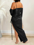 Momnfancy Thigh High Side Slits Drawstring Cascading Ruffle Bodycon Cocktail Party Maternity Maxi Dress