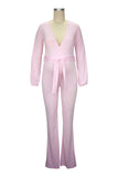 Momnfancy Sashes V-Neck Solid Color Long Sleeve Bodycon Gender Reveal Baby Shower Maternity Jumpsuit