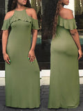 Momnfancy Solid Off Shoulder Cut Out Ruffle Pockets Beach Flowy Summer Maternity Maxi Dress