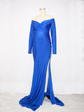 Momnfancy Royal Blue Off Shoulder Side Slit Boy Baby Shower Maternity Maxi Dress