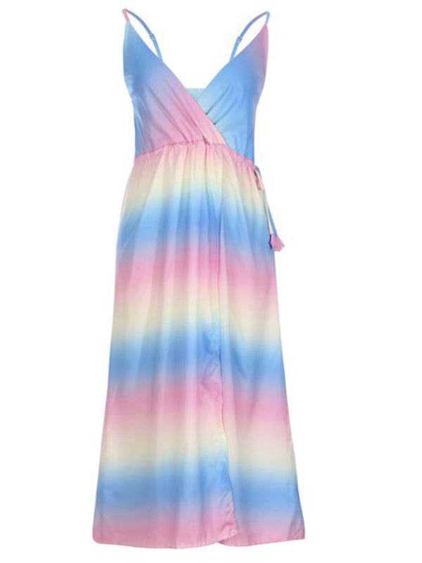 Momnfancy Pink-Blue Gender Reveal V-neck Sleeveless Spaghetti Strap Slit Maternity Maxi Dress