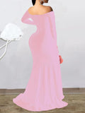 Momnfancy Pink Off Shoulder Long Sleeve High Split Bodycon Baby Shower Party Gown Pregnancy Maternity Maxi Dress