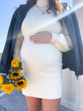 Momnfancy White Knitting High Neck Bodycon Baby Shower Mini Maternity Sweater Dress