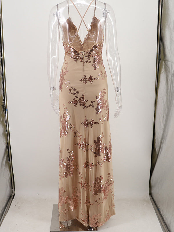 Momnfancy Beige Sequin High Slit Backless Elegant Evening Gown Photoshoot Maternity Maxi Dress