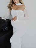 Momnfancy White Mesh Off Shoulder Corset Cut Out Bodycon Fashion Maternity Baby Shower Midi Dress
