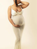 Momnfancy Apricot Mesh Rhinestone Spaghetti Strap Mermaid Cami Evening Gown Elegant Maternity Club Photoshoot Maxi Dress