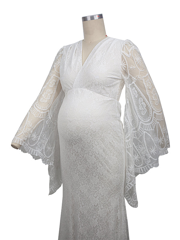 Momnfancy Ruffle Off Shoulder Draped Smocked Boho Photoshoot Maternity Maxi Dress