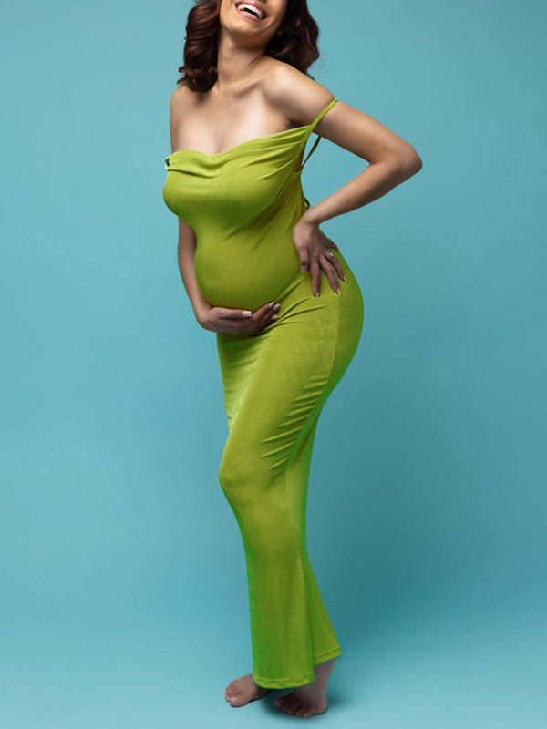 Momnfancy Light Green Spaghetti Strap Off Shoulder Mermaid Bodycon  Photoshoot Maternity Maxi Dress