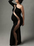Momnfancy Black One Sleeve Side Slit Sheer Bodycon Elegant Photoshoot Gown Maternity Maxi Dress