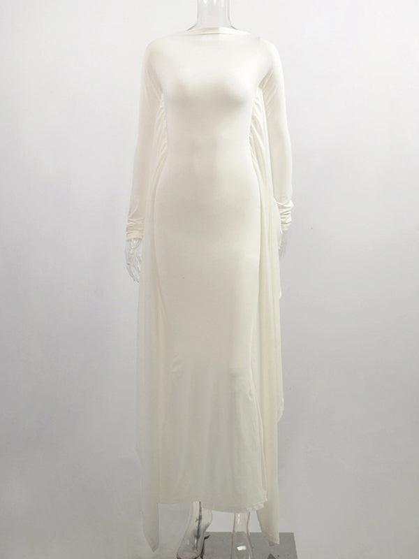 Momnfancy White Ruffle Dolman Sleeve Wavy Edge Long Train Elegant Bodycon Photoshoot Maternity Maxi Dress