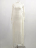 Momnfancy White Ruffle Dolman Sleeve Wavy Edge Long Train Elegant Bodycon Photoshoot Maternity Maxi Dress