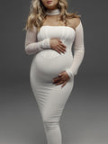 Momnfancy White Mesh Off Shoulder Corset Cut Out Bodycon Fashion Maternity Baby Shower Midi Dress