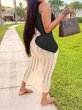 Momnfancy Chic Hit Color Patchwork Crochet Transparent Distressed Bodycon Babyshower Vacation Maternity Maxi Dress