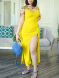 Momnfancy Belly Friendly Spaghetti Strap Drawstring V-Neck Side Slit Babyshower Maternity Maxi Dress