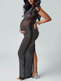 Momnfancy Black Mesh Rhinestone Halter Neck Backless Slit Photoshoot Baby Shower Gown Party Maternity Maxi Dress