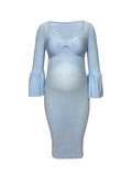 Momnfancy Blue Bodycon Bowknot Flare Sleeve Elegant Babyshower Maternity Photoshoot Maxi Dress