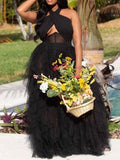 Momnfancy Patchwork Halter Neck Grenadine Tulle Plus Size Prom Party Maternity Maxi Dress