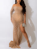 Momnfancy Diamond Mesh Rhinestone One Shoulder Side Slit Mermaid Evening Gown Elegant Maternity Club Photoshoot Maxi Dress